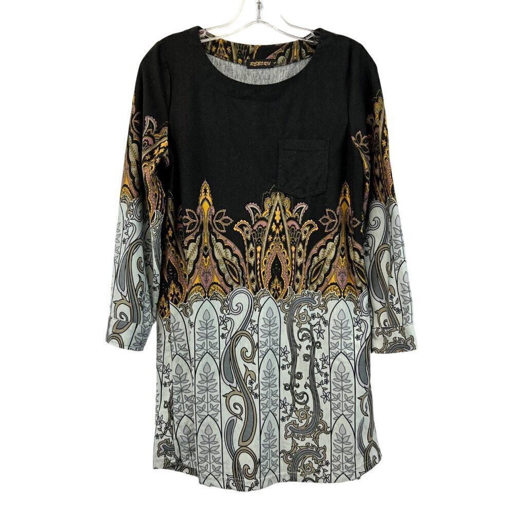 Reborn Women’s 3/4 Cuff Sleeve Round Neck Black/Multi Shift Dress Above Knee S
